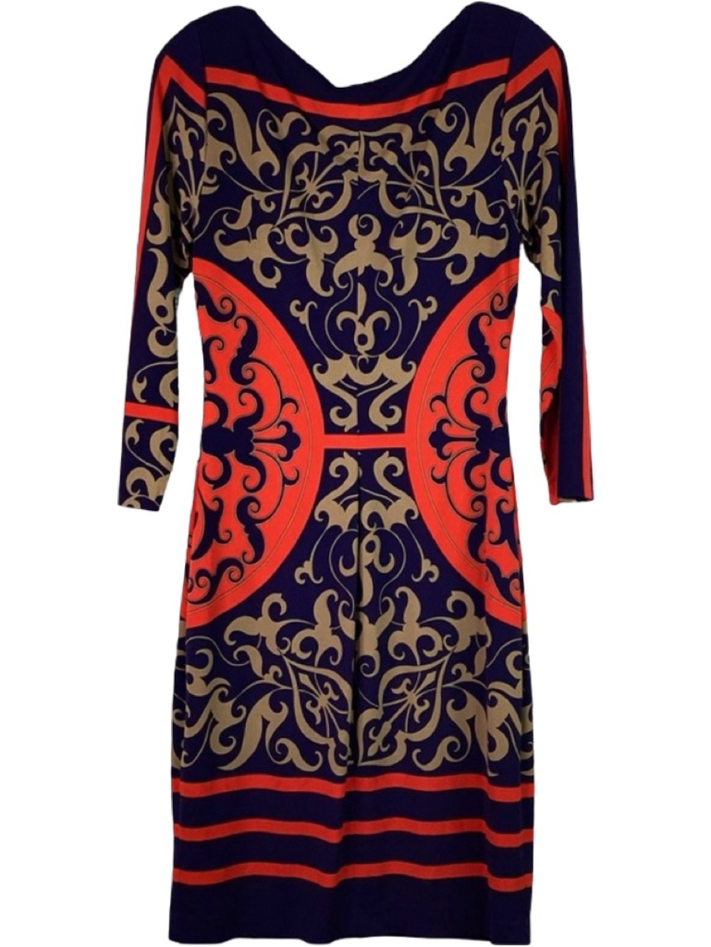 EXCELLENT CONDTN Navy Blue & Red Patterned Sheath Dress by Caché (Medium) - Picture 3 of 4